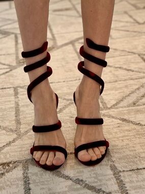 Rene Caovilla Velvet Lace-Up Sandals - Wine Red